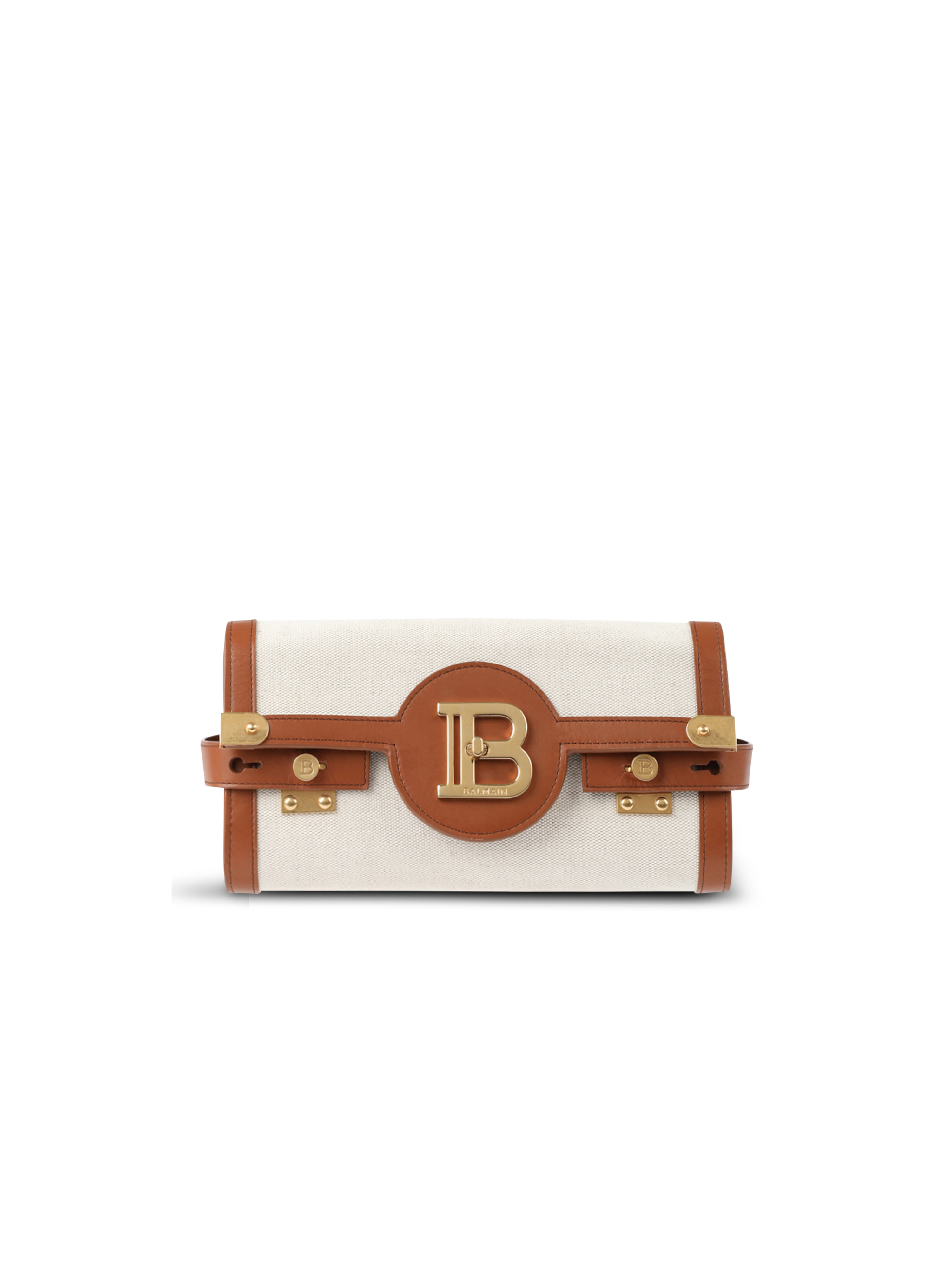 Ecru canvas B-Buzz 23 clutch with brown leather panels, beige
