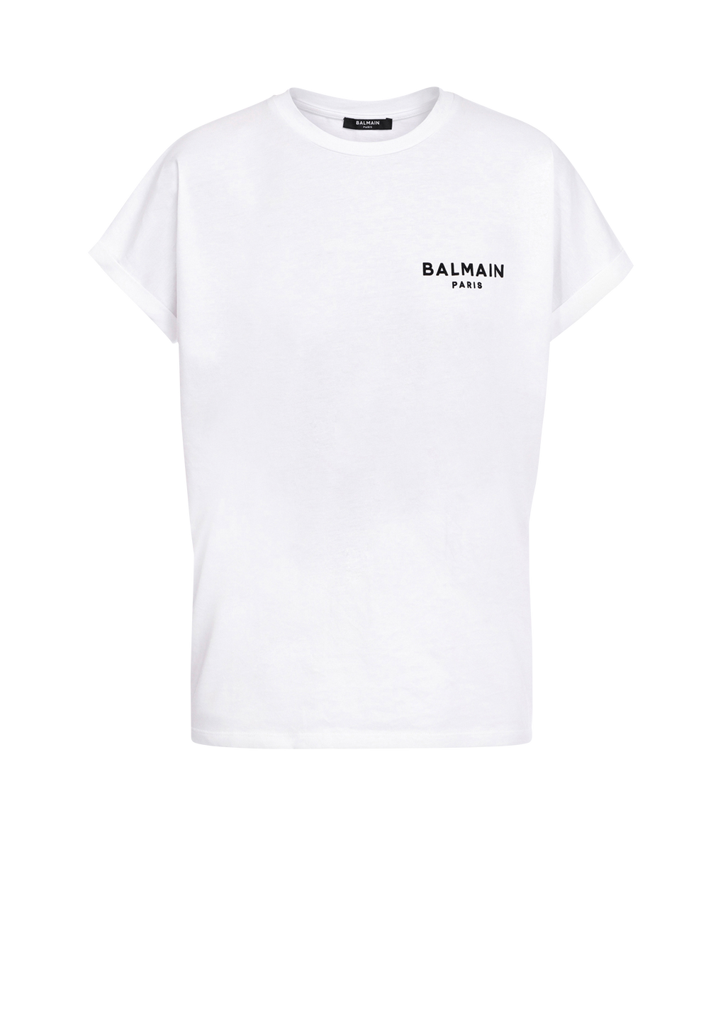 Eco-designed cotton T-shirt with small flocked Balmain logo, white, hi-res