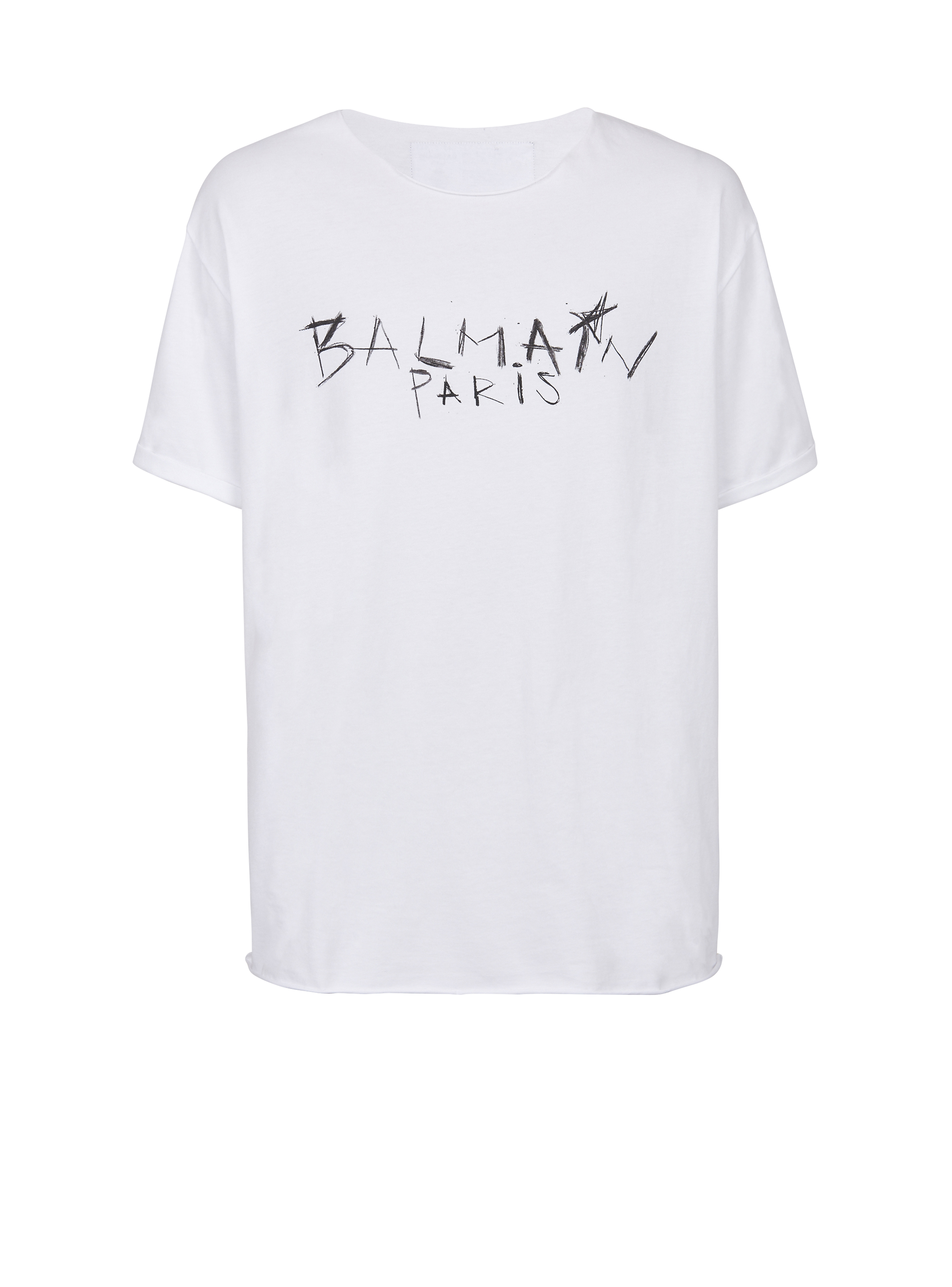 Cotton T-shirt with Balmain Paris graffiti logo print, white