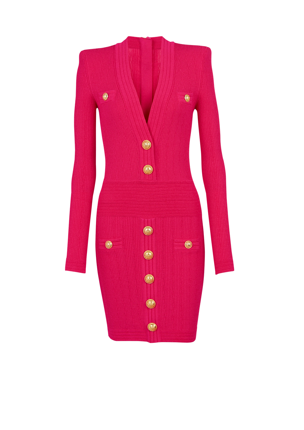 Short eco-designed knit dress with gold-tone buttons, pink, hi-res
