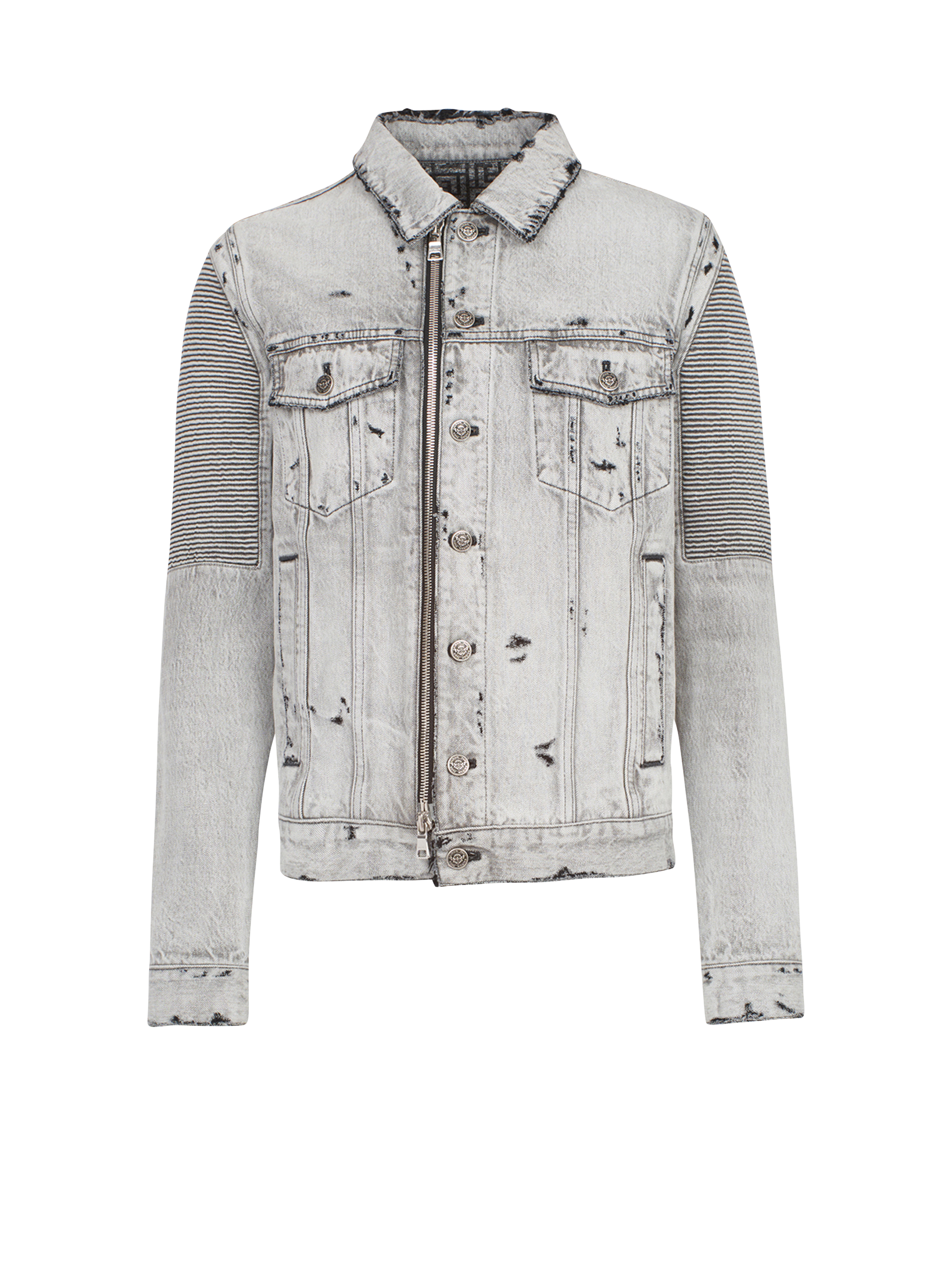 Faded and ripped jean jacket with ridged panels, grey