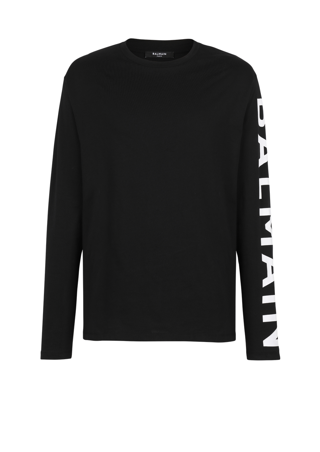 Long-sleeved cotton T-shirt with Balmain signature on sleeve, black, hi-res