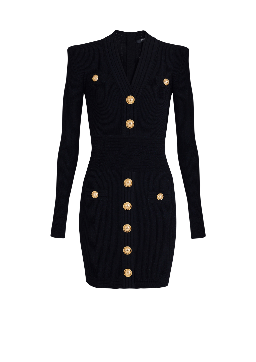 Short eco-designed knit dress with gold-tone buttons, black, hi-res